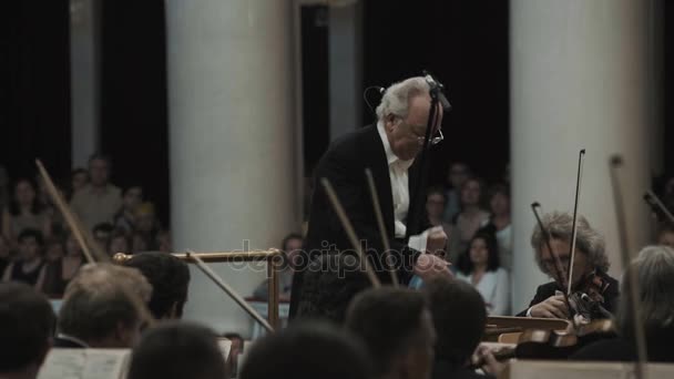 Sint-Petersburg, Rusland - 23 juni 2016: Wit-haired kapelmeester en string orchestra in klassieke concertzaal — Stockvideo