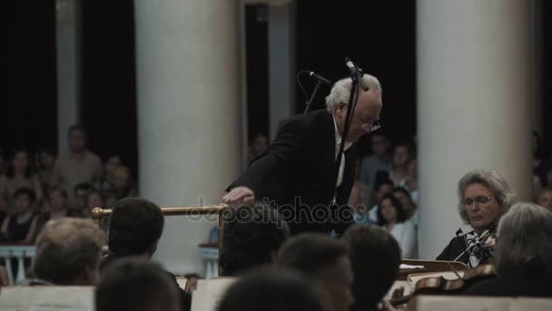 SAINT PETERSBURG, RUSSIA - JUNHO 23, 2016: Kapellmeister de cabelos grisalhos dirigindo orquestra de cordas na clássica sala de concertos — Vídeo de Stock