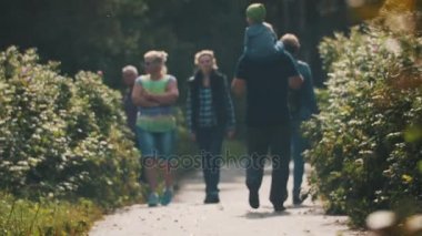 Saint Petersburg, Rusya - 28 Ağustos 2016: insanlar güneşli günde Park'ta yürüyordunuz. Toddler omuzlarında. Adam paten üzerinde.