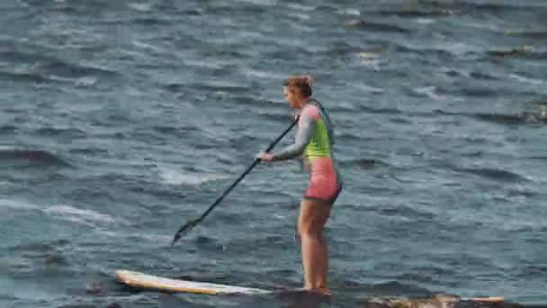 SAN PETERSBURG, RUSIA - 28 DE AGOSTO DE 2016: Largo tiro de chica en traje de baño completo, paseos temblorosos una tabla de surf con paleta — Vídeos de Stock