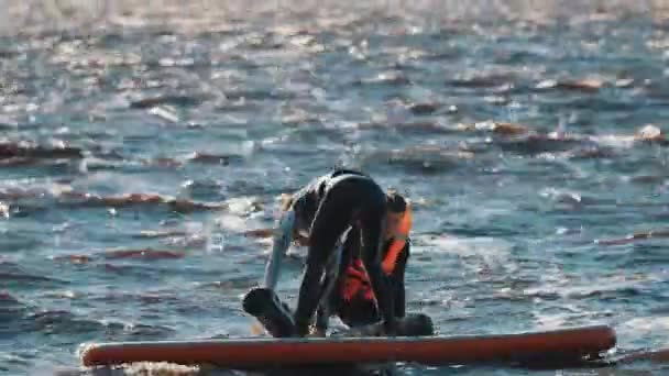 Saint petersburg, russland - 28. august 2016: surfboarder versucht das gleichgewicht auf dem surfbrett zu finden, fällt aber ins wasser — Stockvideo