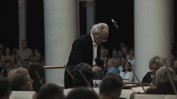 Saint petersburg, russland - 23. juni 2016: weißhaariger dirigentin führt Streichorchester im klassizistischen konzertsaal — Stockvideo
