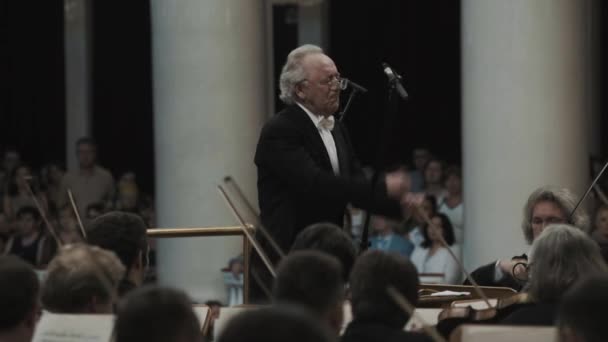 SAINT PETERSBURG, RÚSSIA - JUNHO 23, 2016: Maestro de cabelos brancos que lidera a orquestra de violino na sala de concertos de estilo clássico — Vídeo de Stock