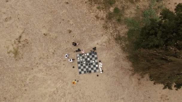 Petersburg, Rosja - 30 lipca 2016: Aerial top strzał osób zestaw szachy dane na pokładzie na piaszczystej plaży, w pobliżu drzewa — Wideo stockowe