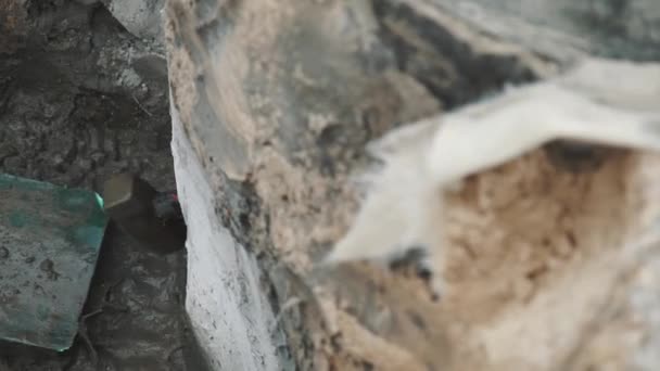 Pièce d'anneau de trou d'homme de chambre en béton battu de l'intérieur avec un marteau de traîneau — Video