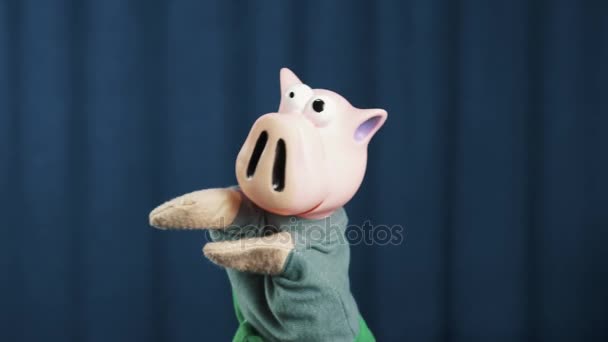 Кукла из свиной руки делает жест с деньгами и смотрит вокруг на голубом фоне. — стоковое видео