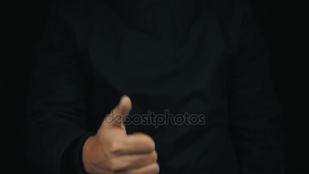 Male hand in long sleeve jacket pull greeting shaka sign finger gesture — Stock Video