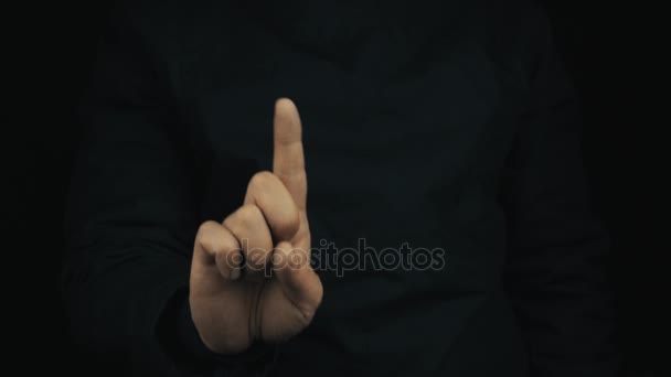 Male hand in long sleeve jacket make disagreement shaking finger sign gesture — Stock Video