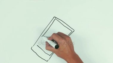 Adam el hızı beyaz tahta üzerinde siyah marker kalem kullanma smartphone çizmek ve silin