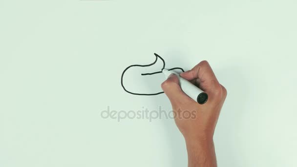 人間の手の速度がホワイト ボードに黒のマーカーペンを使用してハエ野郎を描く — ストック動画