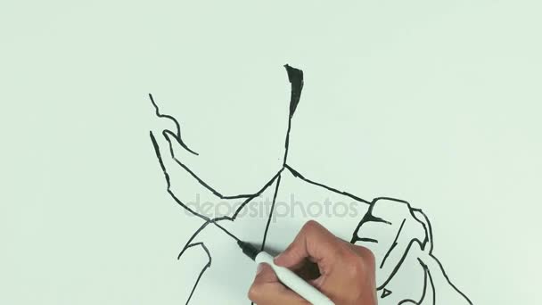 Man draw vladimir putin face caricatura com caneta marcador preto no quadro branco — Vídeo de Stock