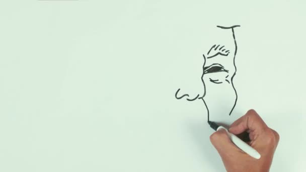 Man speed draw donald trump face caricatura com marcador preto no quadro branco — Vídeo de Stock