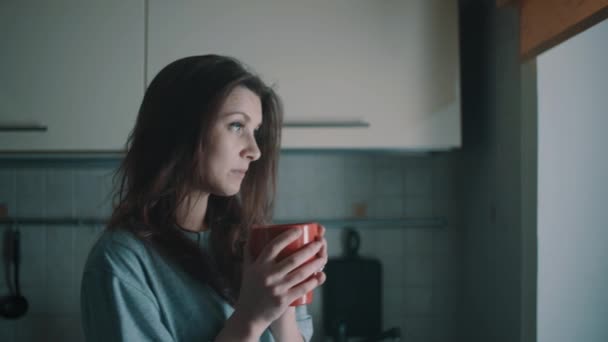 Молодая красивая девушка смотрит в окно и пьет кофе на кухне по утрам — стоковое видео