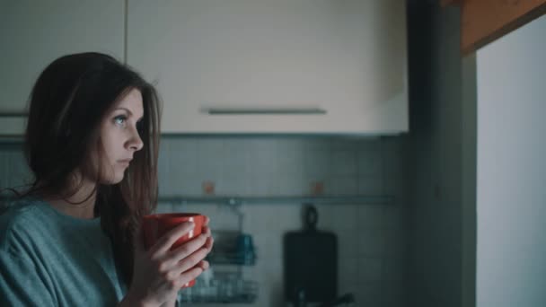 Молодая расслабленная женщина смотреть в окно и пить кофе на кухне по утрам — стоковое видео