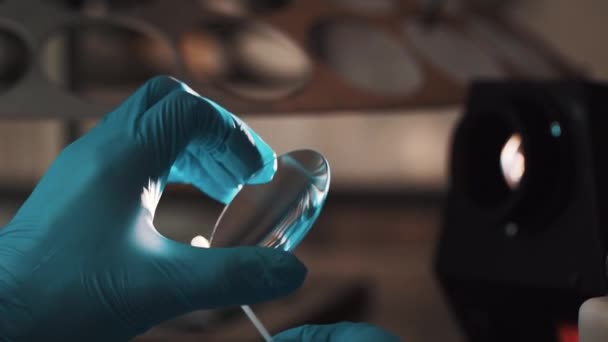 科学者の明るい球根ライトの研究所に綿棒でクリーニング レンズ — ストック動画
