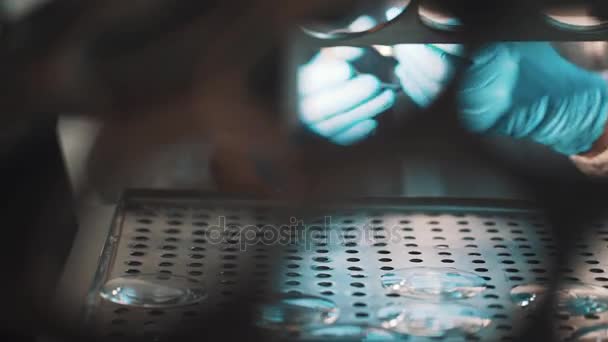 Ingeniero en guantes de goma pone lupa de escritorio perforado en disco de metal — Vídeos de Stock