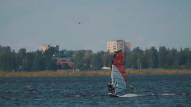 Sörfçü sürmek yüksekliği hızına windsurfs. Şehir binalar ve ağaçlar arka plan üzerinde