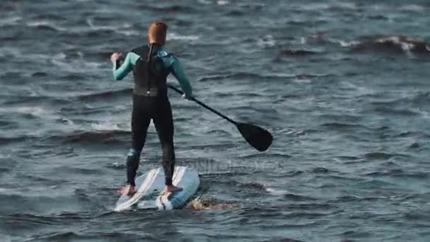 Desportista de maiô azul de pé monta prancha de surf usando remo em um dia ventoso — Vídeo de Stock