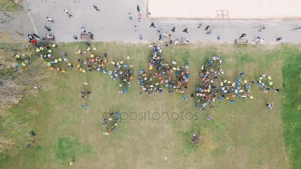 Felülnézet emberek tömeg gyűlt össze a park, a zöld fű pázsit — Stock videók