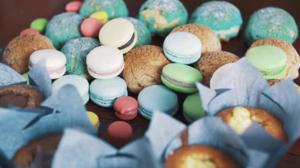 Dessert colorful baking products on kitchen table — Stock Video