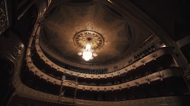 Espléndida lámpara de araña luz cálida en lujosa sala de ópera — Vídeo de stock