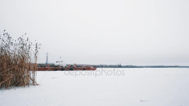 Barge in frozen lake covered in snow landscape with reeds — Stock Video