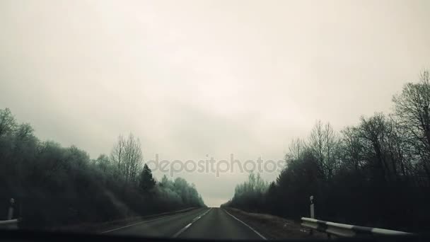 Dashcam vue, véhicule se déplaçant sur l'asphalte route de campagne à travers la forêt — Video