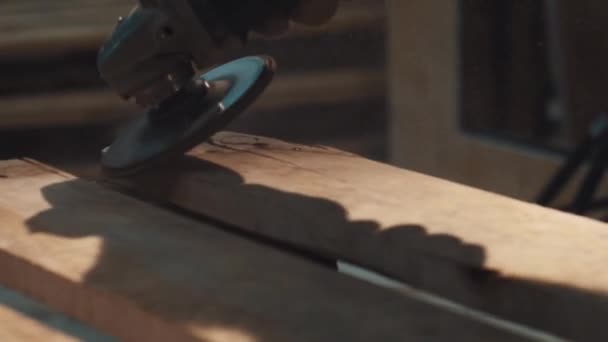 Meuleuse d'angle coulissante sur planche en bois dans l'atelier — Video