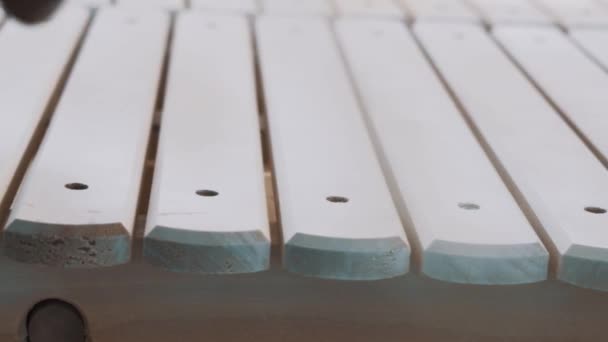 Aerosol vit målning tillämpning på träplankor möbler — Stockvideo