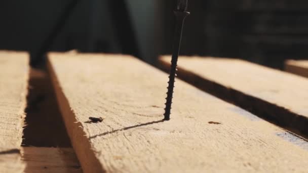 Ξυλουργός άνθρωπος βάζει βίδα σε ξύλινη παλέτα δομή στο εργαστήριο — Αρχείο Βίντεο