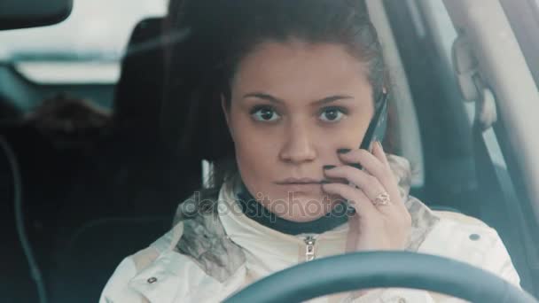 Giovane donna bruna che parla al telefono cellulare seduta in auto, nevicando — Video Stock