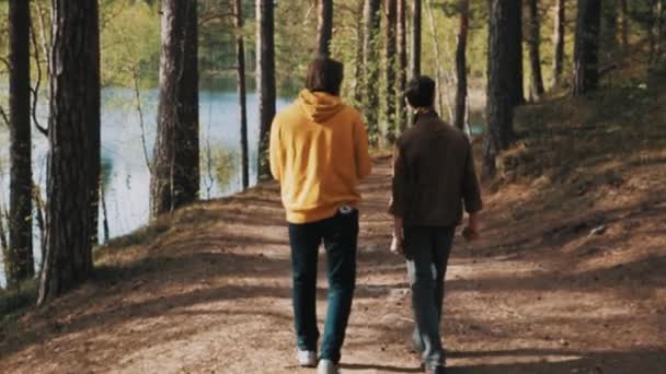 Двоє друзів чоловічої статі прогулюються по лісовій стежці в сонячний день — стокове відео