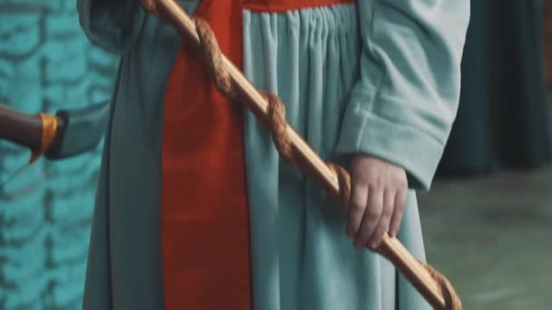 Petrohrad, Rusko - 20 května 2017: Mladá dívka oblečená jako znak druid nebo kouzelník drží personál na festivalu — Stock video