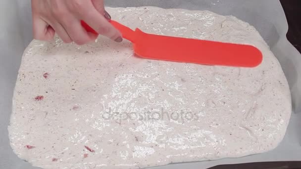 Mujer pastelera utilizando espátula de hielo para alisar la masa en bandeja para hornear — Vídeos de Stock