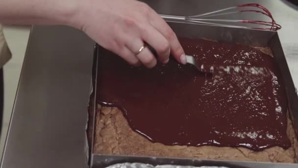 Кондитерская женская рука распространяет расплавленный шоколад на бискит в подносе для выпечки — стоковое видео