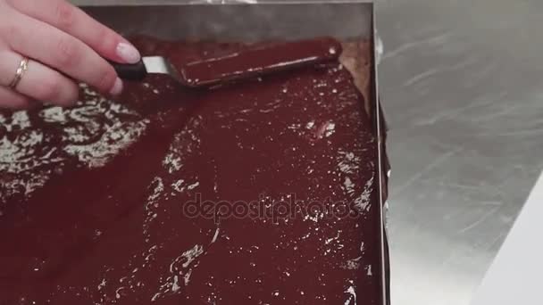 Koki kue tangan wanita menyebar coklat meleleh pada bisquit di baking tray — Stok Video