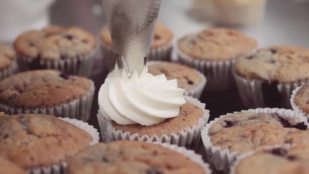 Pasteles decorados con crema batida sqeezed de la bolsa de pastelería — Vídeos de Stock