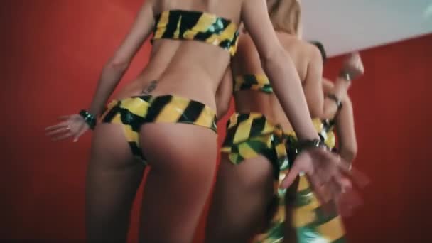 Three seductive girls in outfits made out hazard tape shake hips, spank butt — Αρχείο Βίντεο