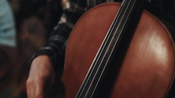 Joven con cola de caballo en camisa a cuadros tocando violonchelo con violín — Vídeos de Stock