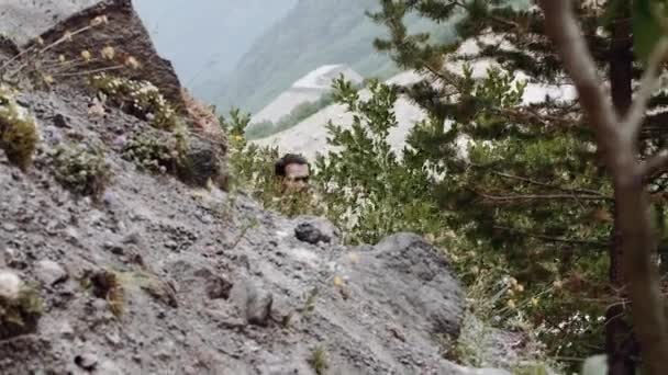 Giovane viaggiatore barbuto che cammina in montagna vedere vista sentiero — Video Stock