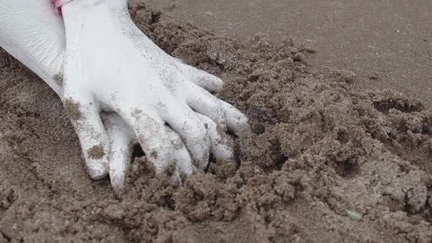 Les paumes de la personne artistique mains couvertes de peinture blanche saisit le sable sur le bord de la mer — Video