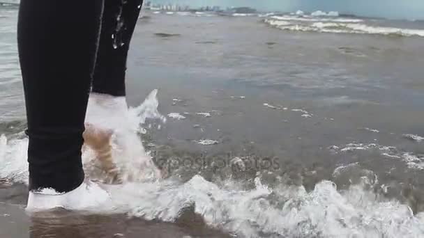 Pies de persona artística cubiertos de pintura blanca pasos sobre arena mojada en la orilla del mar — Vídeos de Stock