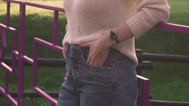 Atractiva joven en gafas posando cerca de la montaña rusa en el rayo de sol brillante — Vídeos de Stock