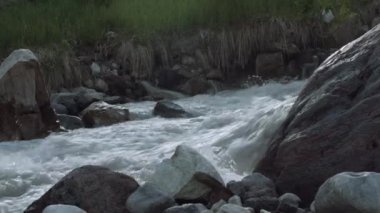 Hızlı river rapids yüksek rocky Dağları'nda kar yeşil çalılar ile kaplı