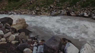 Rocky creek yeşil ağaçlar, karlı zirveleri kaplı dağ manzarasına sahne