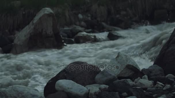 Correntes rápidas em altas montanhas pedregosas cobertas de neve com arbustos verdes — Vídeo de Stock