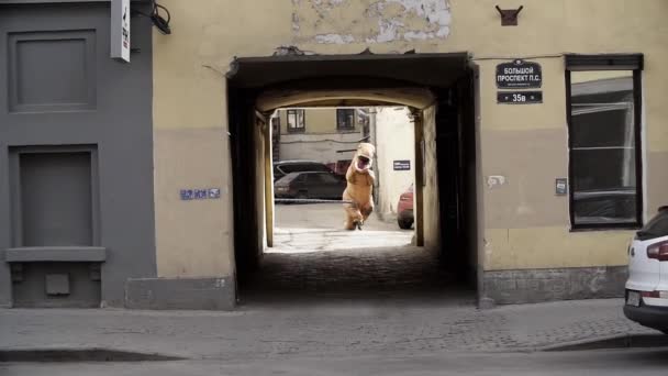 SAINT PETERSBURG, RUSSIE - 1er AVRIL 2017 : Une personne en costume de dinosaure s'élançant dans l'arche de la cour municipale — Video