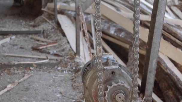 Cutted lump of wood on chain conveyor at woodwork, lots of sawdust — Stock Video