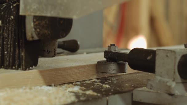Планка їде на дерев'яній машині на деревообробному заводі — стокове відео