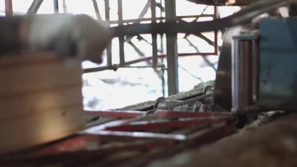 Резка бревен на металлической циркулярной пиле в машине на деревообрабатывающем заводе — стоковое видео
